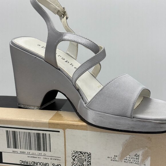 Vintage Apostrophe Heels Metallic Silver Open Toe Sandals Block Buckle 1990s 6.5 - Picture 4 of 8
